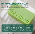 Green bar of soap with 'SOMEBYMI' branding on a white background, featuring text about hypoallergenic properties, Somebymi Miracle Cleansing Bar 106g