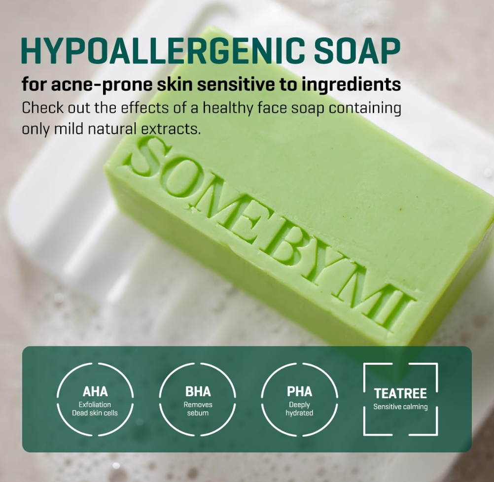 Green bar of soap with 'SOMEBYMI' branding on a white background, featuring text about hypoallergenic properties, Somebymi Miracle Cleansing Bar 106g