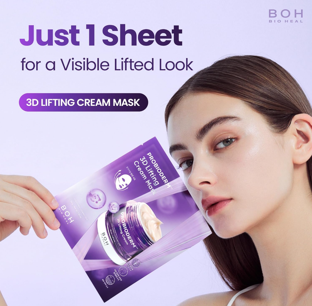 3D Lifting Cream Mask packaging with a woman's face and text about visible lifted look, BOH Probioderm 3D Lifting Cream Mask