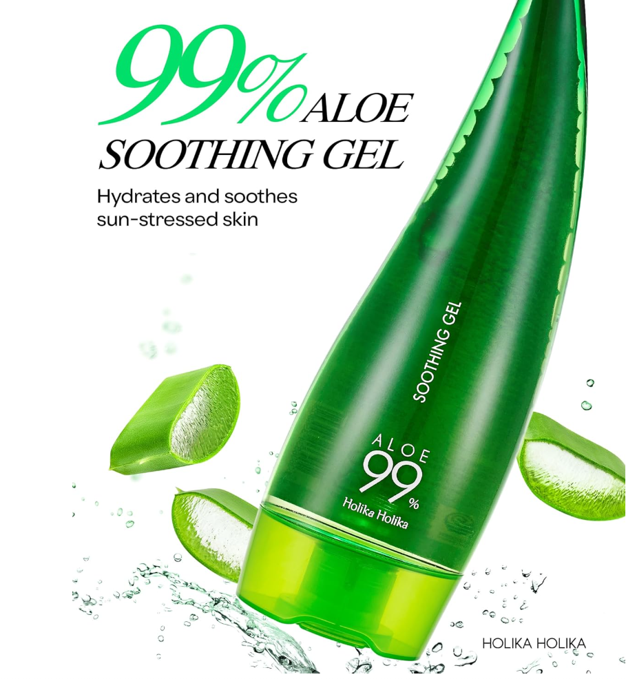 Green aloe vera gel bottle with aloe slices on a white background, Holika Holika Aloe 99% Soothing Gel 250ml
