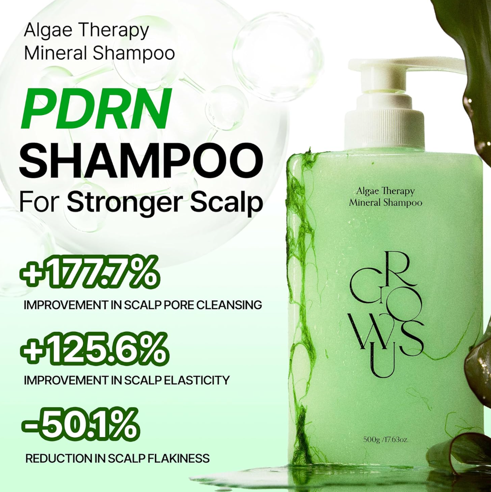 Green shampoo bottle with pump, grapes, and seaweed on a white background, Growus Algae Therapy Mineral Shampoo 500g