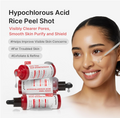Three bottles of Hypochlorous Acid Rice Peel Shot skincare product displayed next to a woman with a dropper applied to her cheek, on a clean white background with promotional text, Medicube Hypochlorous Acid Peel Shot 80ml