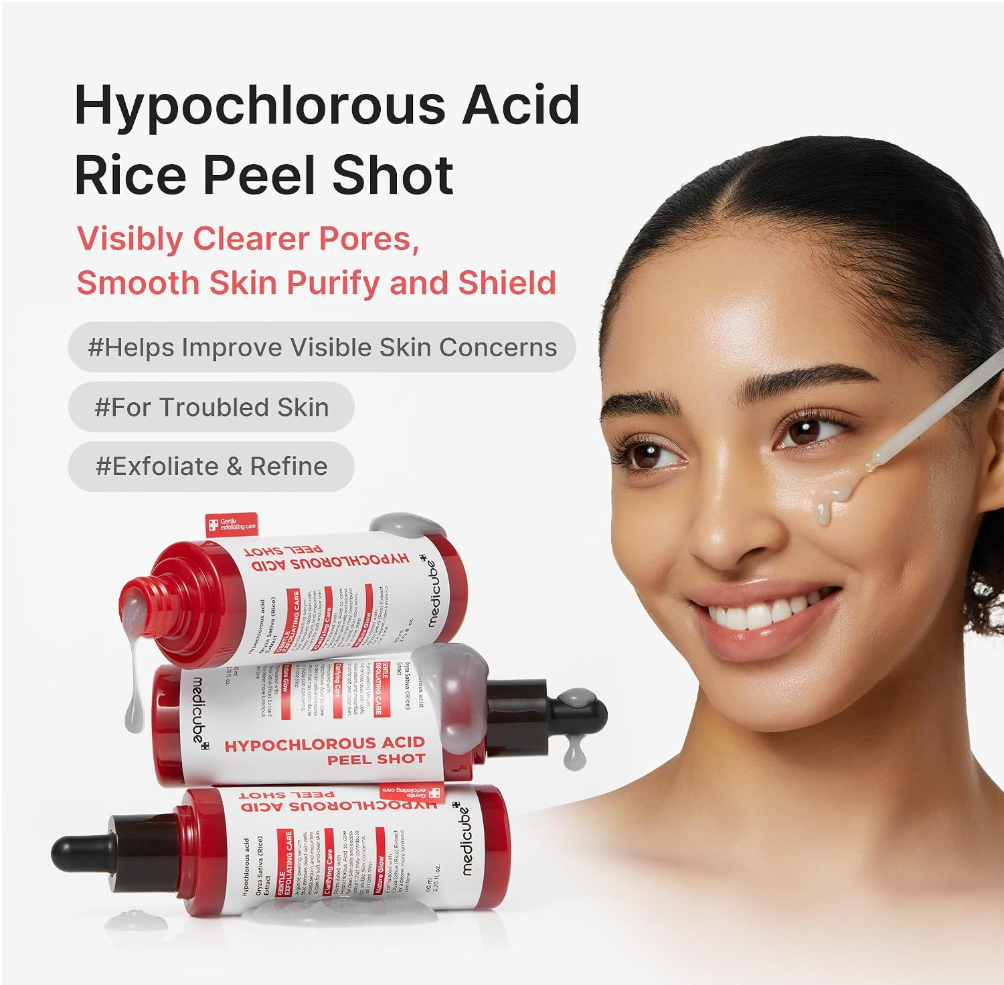 Three bottles of Hypochlorous Acid Rice Peel Shot skincare product displayed next to a woman with a dropper applied to her cheek, on a clean white background with promotional text, Medicube Hypochlorous Acid Peel Shot 80ml