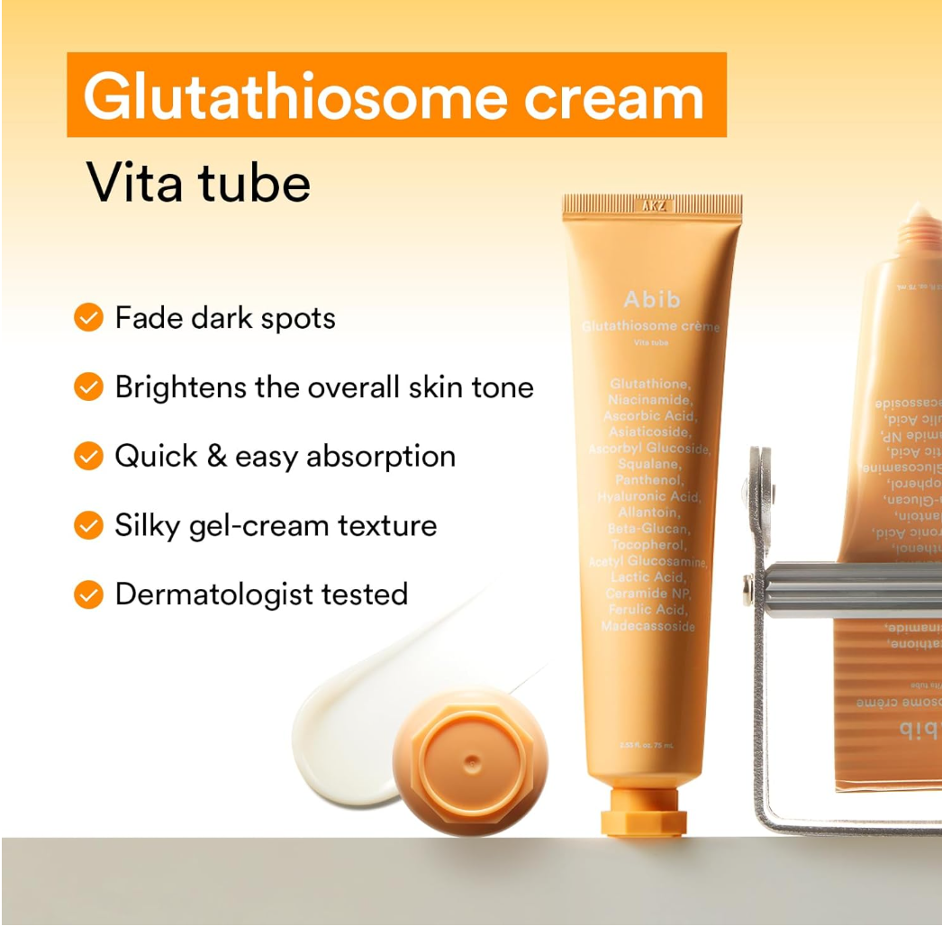 Glutathione cream tube with product features on a yellow background, Abib Glutathione Creme Vita Tube 75ml