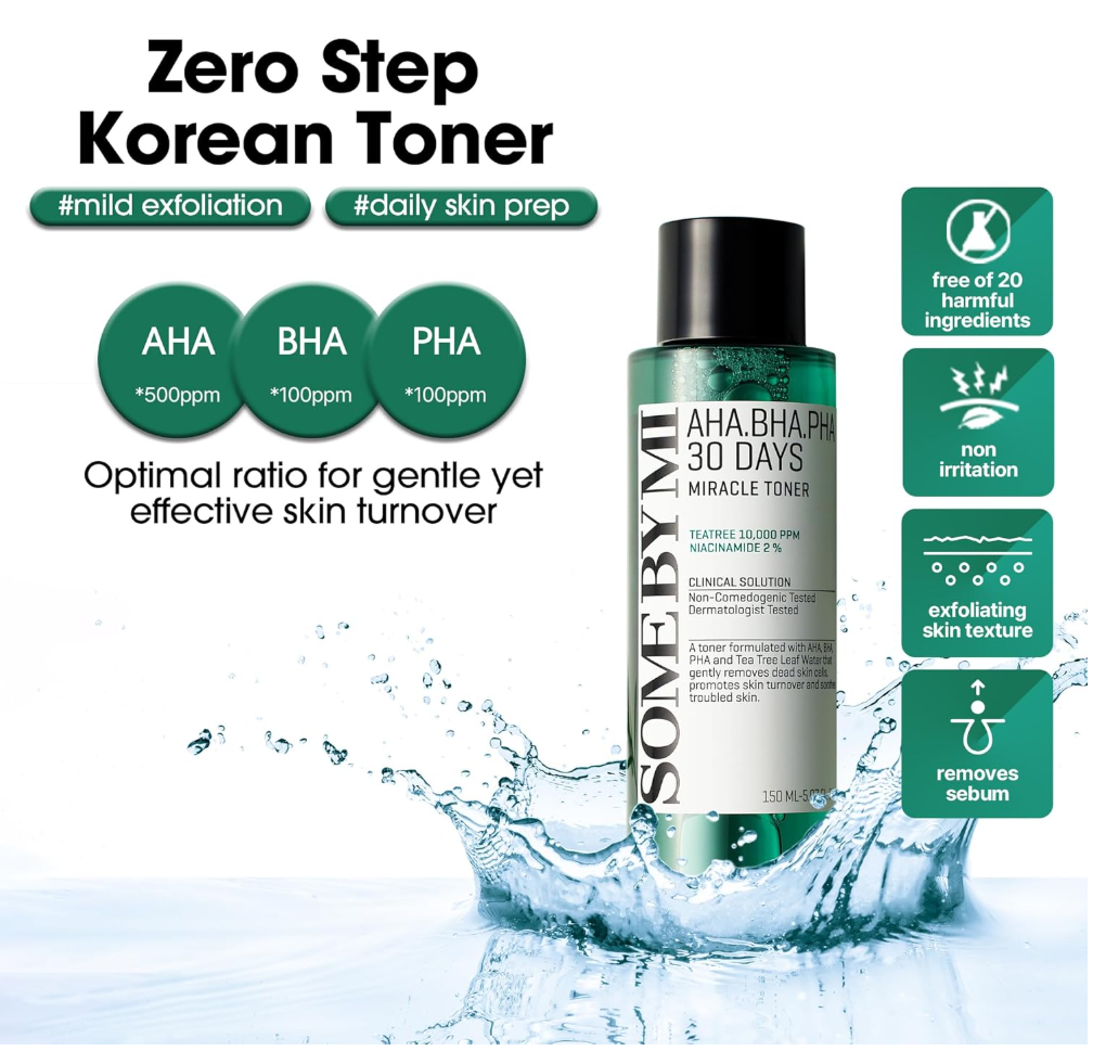 Korean toner bottle with ingredients and benefits on a white background, Somebymi AHA.BHA.PHA 30 Days Miracle Toner 150ml