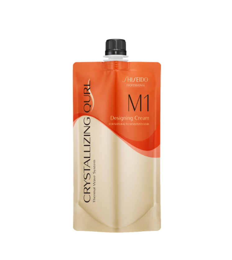 Shiseido Crystallizing Oils M1 Designing Cream in a flexible stand-up pouch with a black cap, featuring a color-blocked design in orange and cream. Shiseido Professional Crystallizing Qurl M1 Hair Perm Cream + Neutralizing Lotion 2 400*2