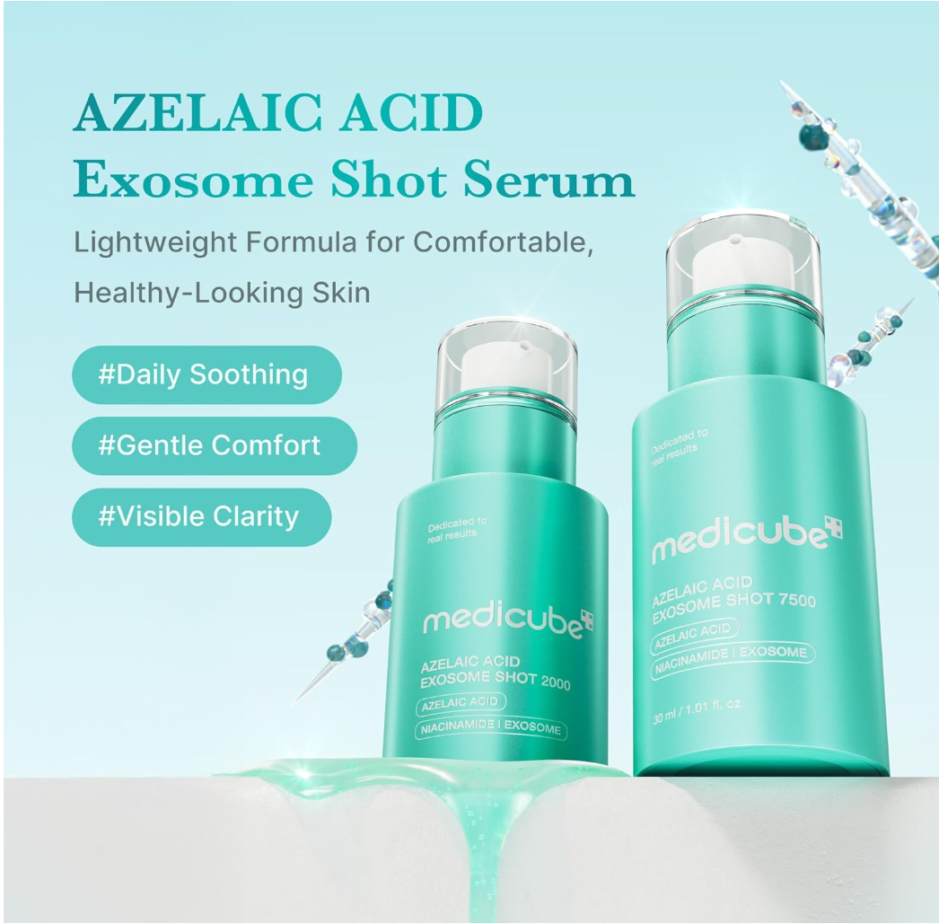 Medicube Azelaic Acid Exosome Shot 7500 skincare bottle in a vibrant turquoise blue color, featuring a clear cap, set against a matching turquoise circular graphic on a white background， Medicube Azelaic Acid Exosome Shot 7500 30ml