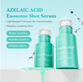 Two teal Medikube Azelaic Acid Exosome Shot Serum bottles displayed on a white surface with a light blue background and promotional text， Medicube Azelaic Acid Exosome Shot 7500 30ml