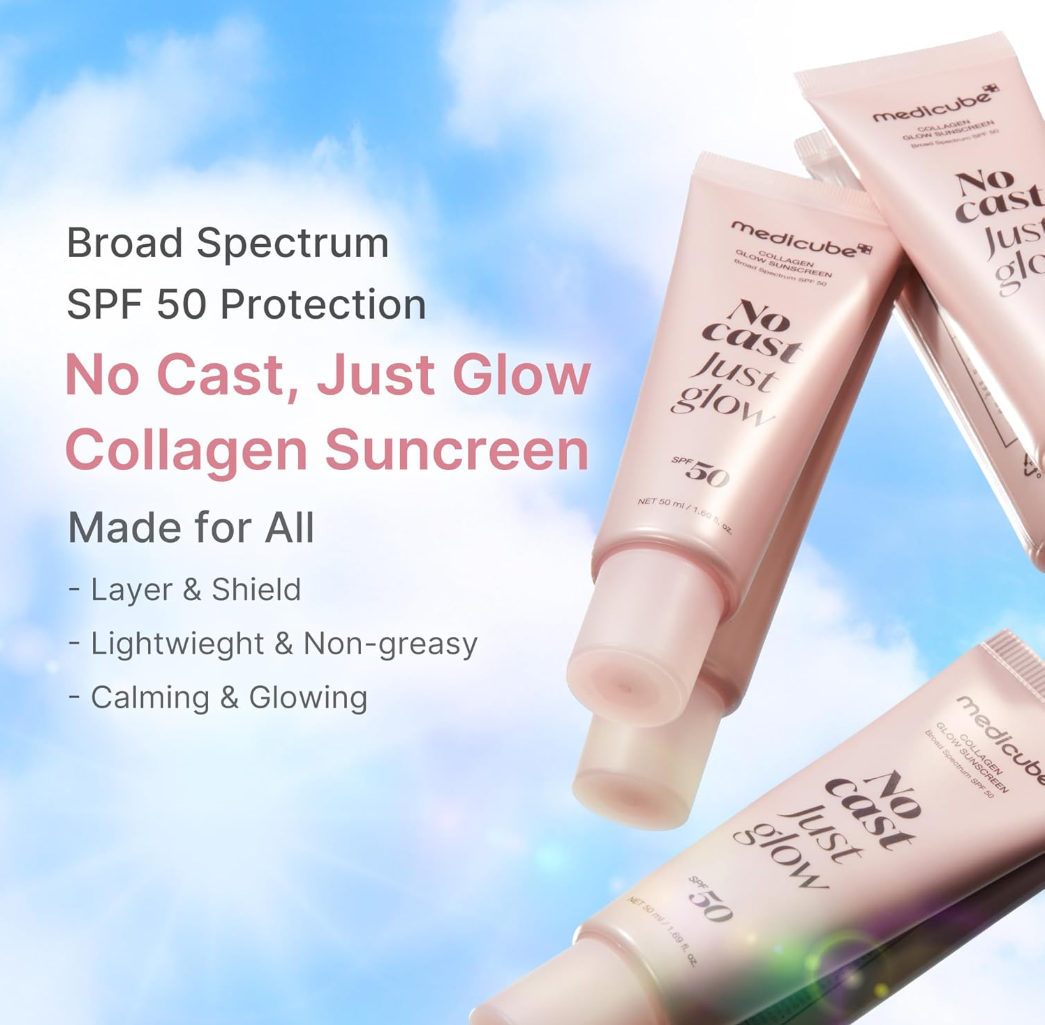 Collagen sunscreen bottles with product details on a blue sky background, Medicube Collagen No Cast Just Glow Sunscreen spf50 50ml