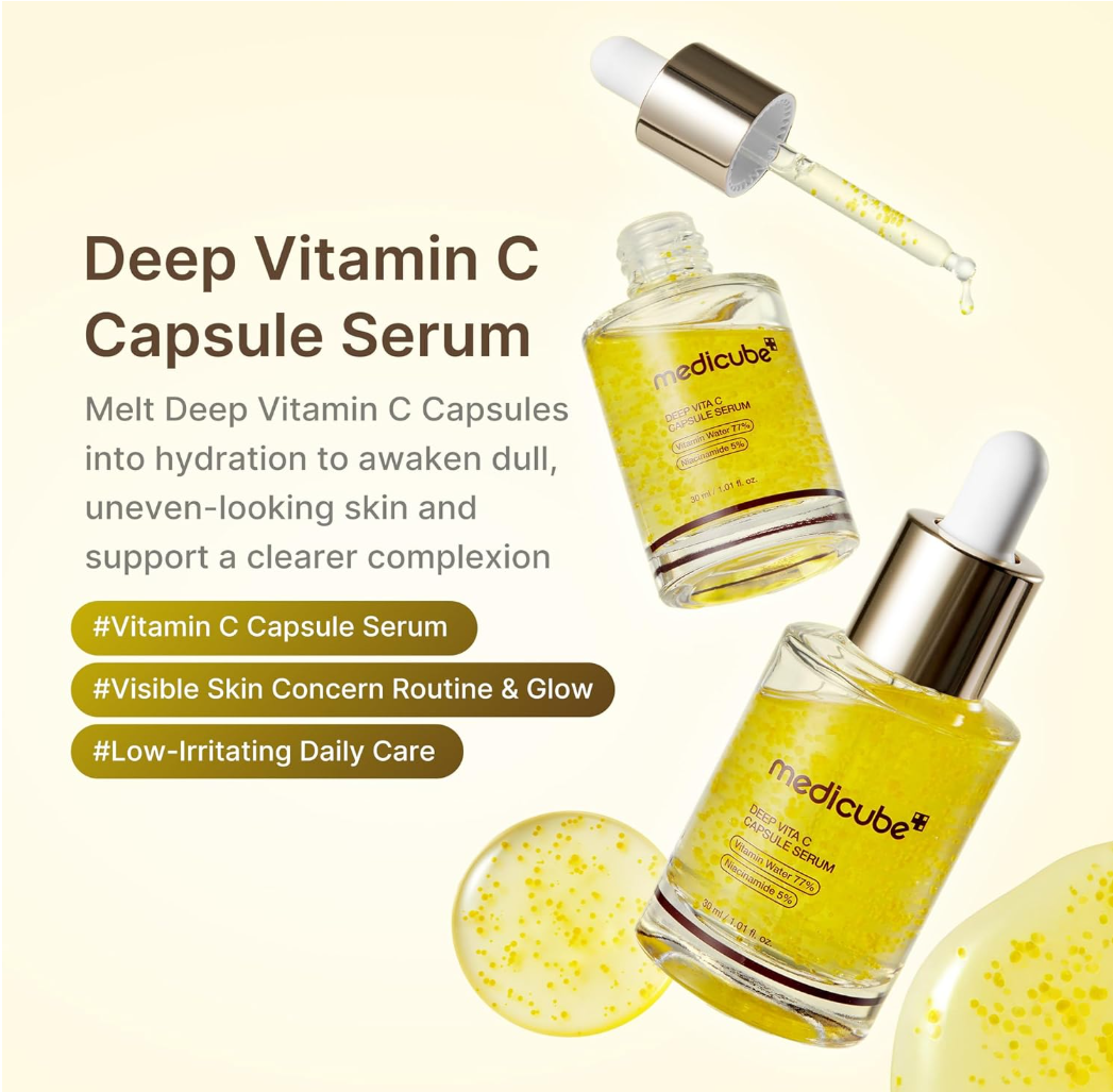 Medicube Deep Vita C Capsule Serum in a clear glass dropper bottle with a gold cap and white dropper, set against a yellow circular background filled with small yellow dots.\, Medicube Deep Vita C Capsule Serum 30ml