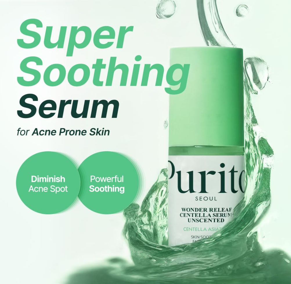 Purito Super Soothing Serum bottle with green droplets on a white background, Purito SEOUL Wonder Releaf Centella Serum Unscented 60ml