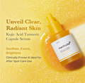 Kojic Acid Turmeric Capsule Serum bottle with text on a yellow background, Medicube Kojic Acid Turmeric Niacinamide Serum 30ml