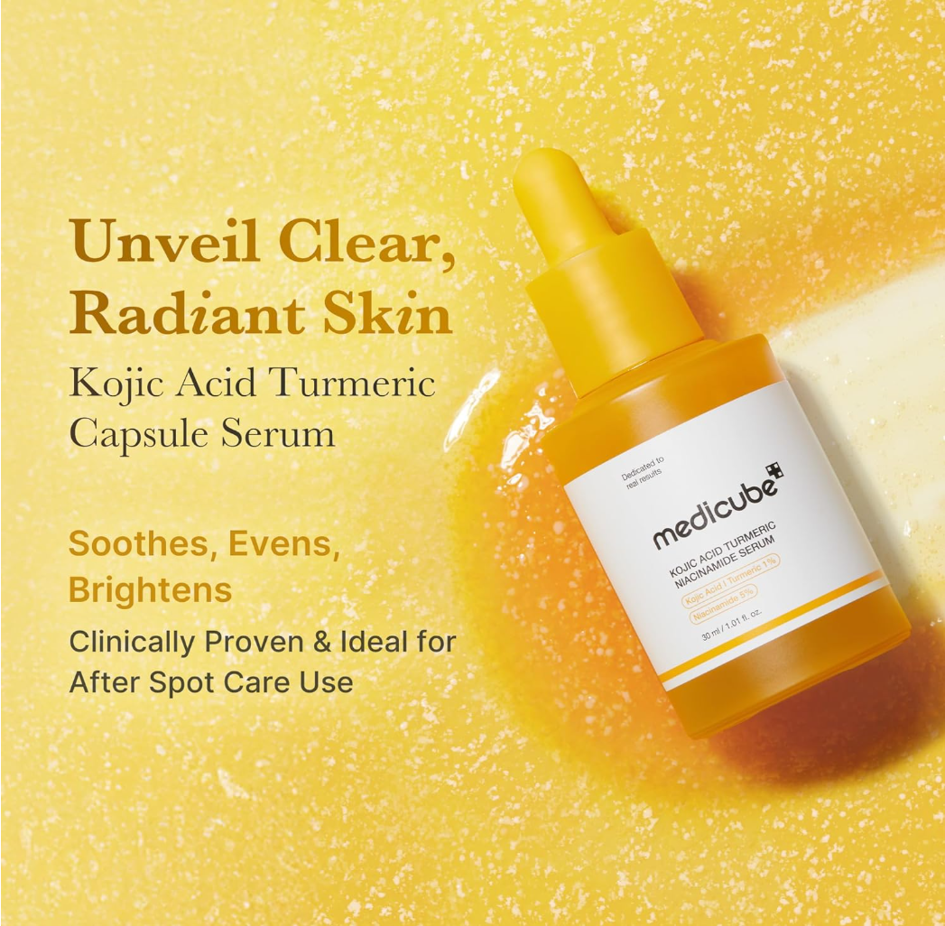 Kojic Acid Turmeric Capsule Serum bottle with text on a yellow background, Medicube Kojic Acid Turmeric Niacinamide Serum 30ml