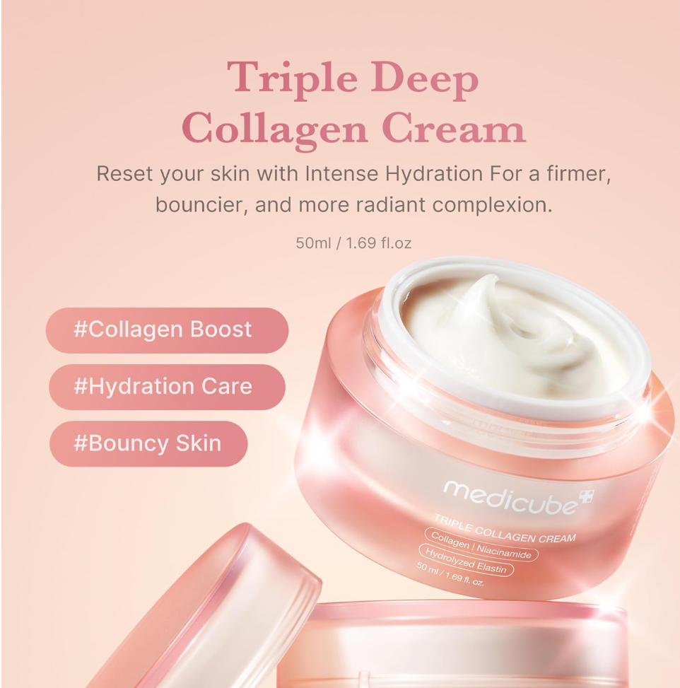 Triple Deep Collagen Cream jar with cream visible, on a pink background, Medicube Triple Collagen Cream 50ml