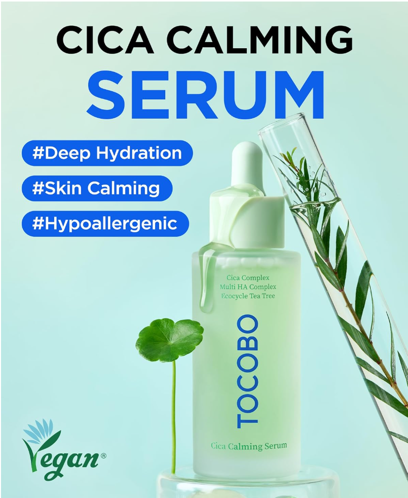 A frosted glass dropper bottle of TOCOBO Cica Calming Serum, featuring a pale mint green cap and dropper. The bottle is centered against a white background with decorative translucent liquid droplets behind it. TOCOBO Cica Calming Serum 50ml