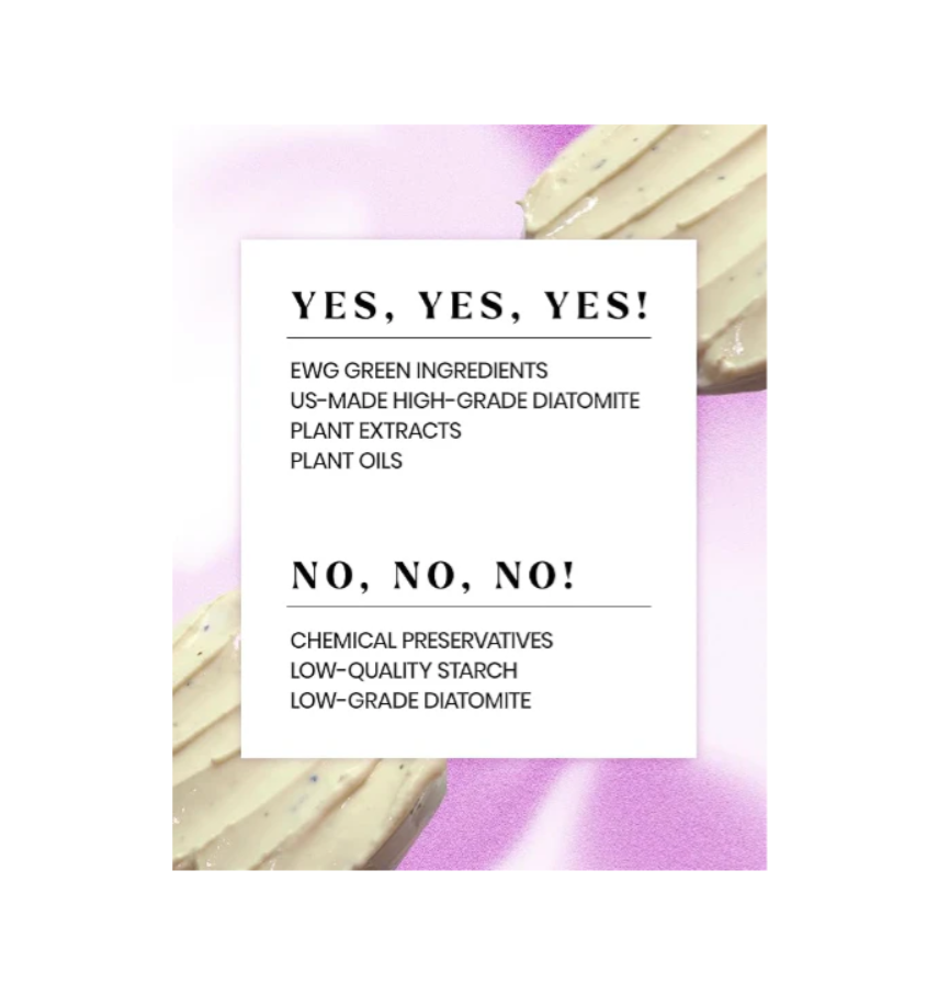 Product packaging with a label comparing 'YES' and 'NO' ingredients on a purple background, Lindsay Lavender Modeling Mask Cup Pack 28g