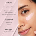 Product feature display with a woman's face and text on a pink background, Aestura Derma UV 365 Red Calming Tone-Up Sunscreen SPF 50+ 40ml