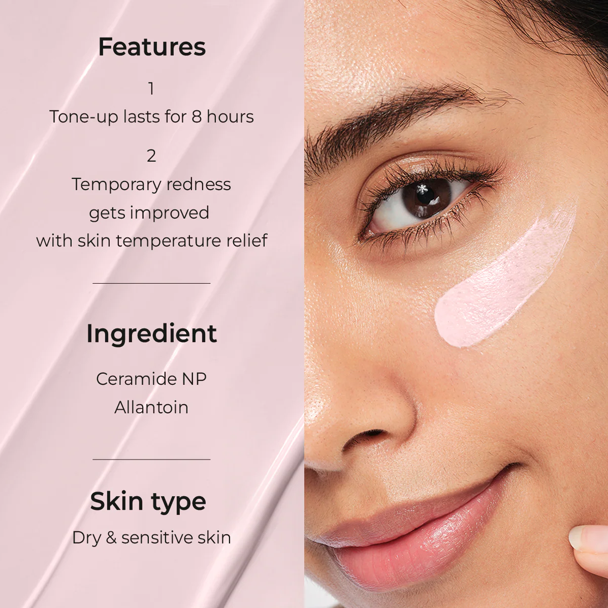 Product feature display with a woman's face and text on a pink background, Aestura Derma UV 365 Red Calming Tone-Up Sunscreen SPF 50+ 40ml