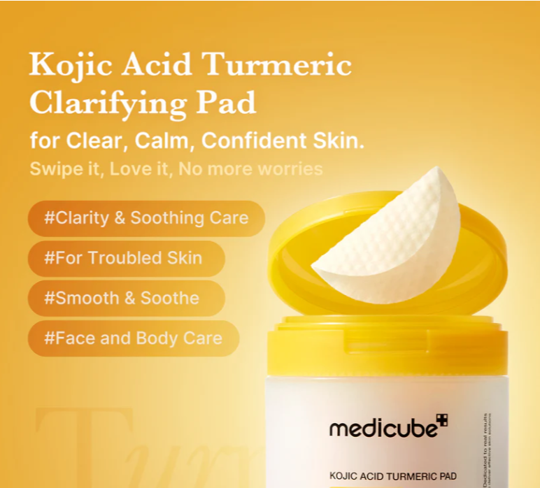 Kojic Acid Turmeric Clarifying Pad by Medicube on a yellow background, Medicube Kojic Acid Turmeric Pad 160ml 70pads