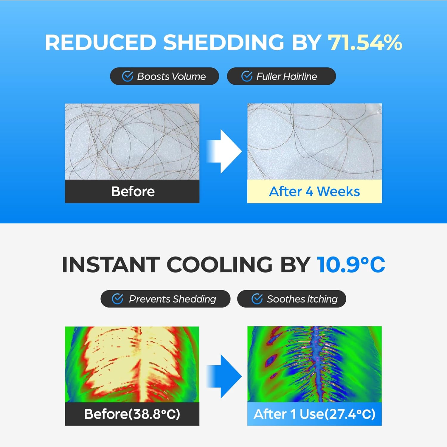 Advertisement showing hair reduction and cooling effects with before and after images, Seapuri Scalpy Hair Serum 20ml