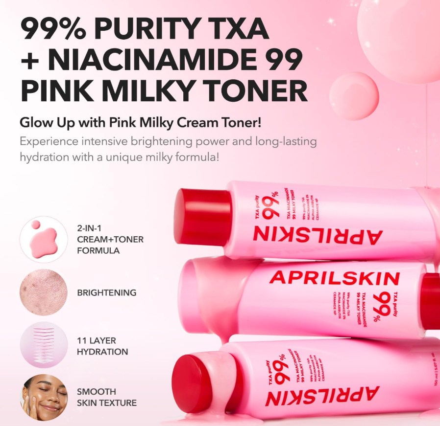 Pink skincare bottle with red cap and 'April Skin' branding on a white background, April Skin TXA Niacinamide 99 Milky Toner 150ml