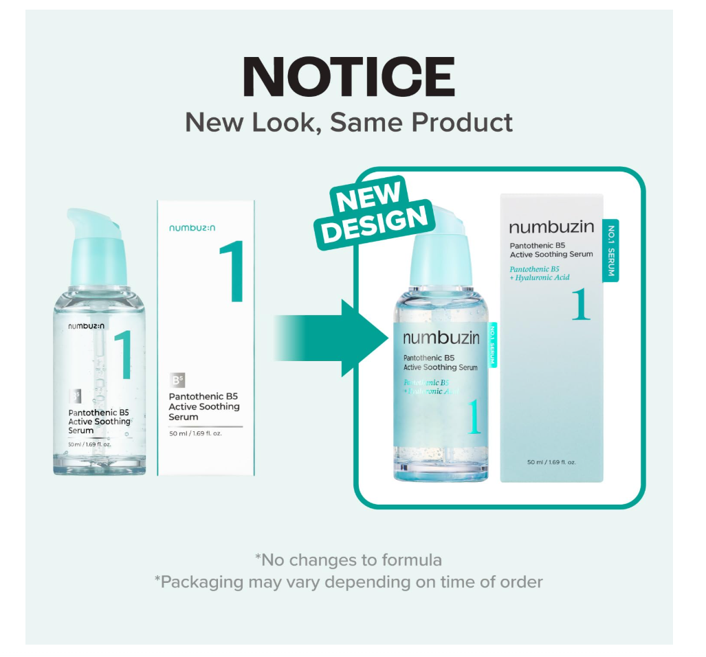 A bottle of numbuzin Pantothenic B5 Active Soothing Serum with a mint green pump, set against a large translucent light blue liquid splash on a white background. Numbuzin No.1 Pantothenic B5 Active Soothing Serum 50ml