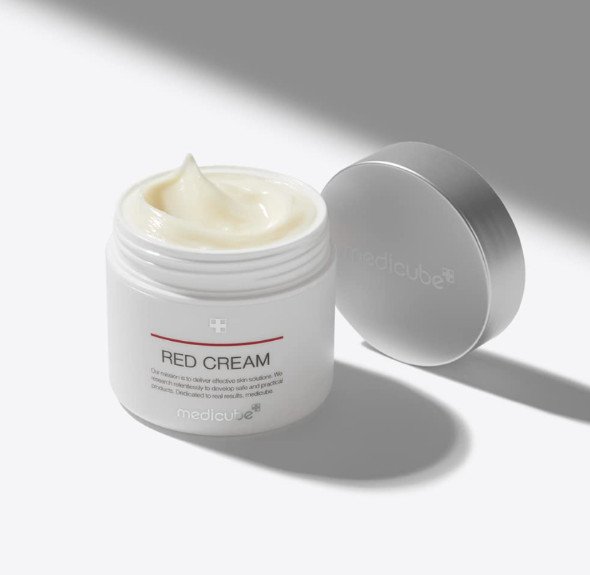 Jar of Red Cream with a white lid on a light gray background, Medicube Red Cream 2.0 50ml