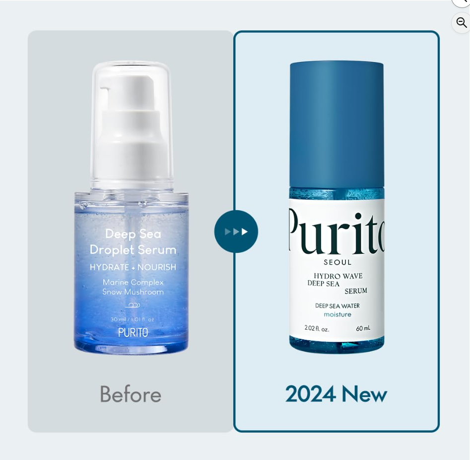 Two skincare serum bottles, one labeled 'Before' and the other labeled '2024 New', on a light gray background, Purito Seoul hydro Wave Deep Sea serum 60ml