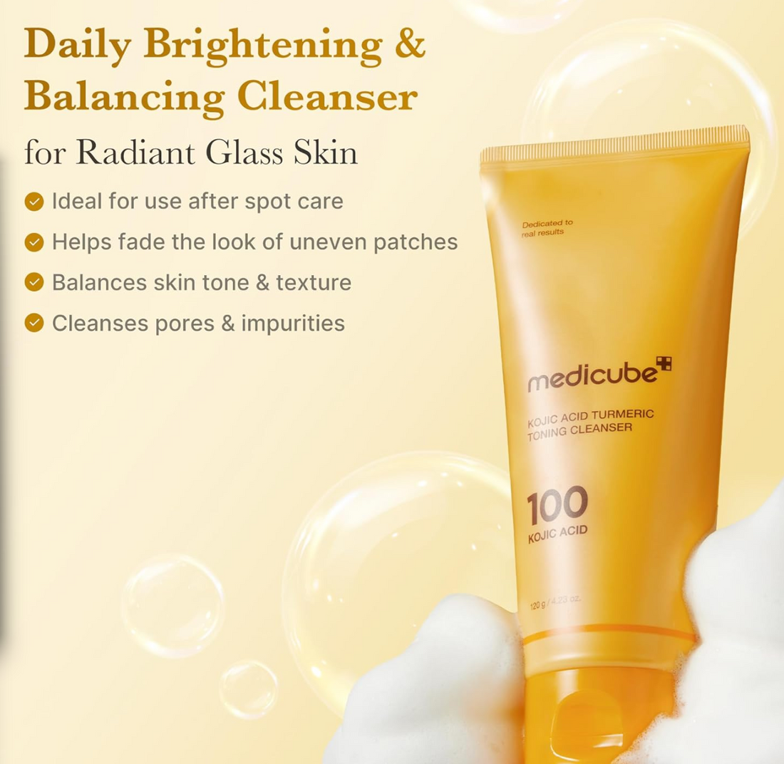 Medicube Kojic Acid Turmeric Toning Cleanser tube with a swatch on a white background, Medicube Kojic Acid Turmeric Toning Cleanser 120g