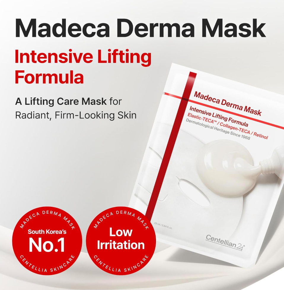 Madeca Derma Mask Intensive Lifting Formula shown with its retail box and a single white sheet mask on a clean white background. The packaging features red and black text with an illustration of glowing face masks. CENTELLIAN 24 Madeca Derma Mask Intensive Lifting Formula 10pcs