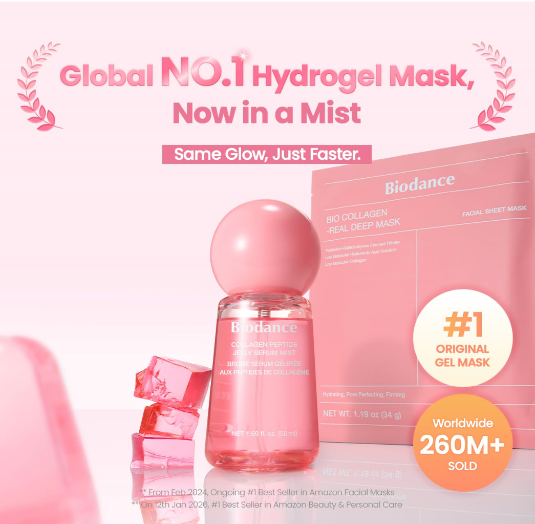 Biodance Collagen Peptide Jelly Serum Mist in a clear bottle with a pink spherical cap, set against a pink circular gel texture on a white background, Biodance Collagen Peptide Jelly Serum Mist 50ml