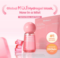 Biodance Hydrogel Mask in a misty pink packaging setup, featuring a pink bottle with a rounded cap and several translucent pink gel cubes, alongside a pink box. Promotional text highlights 'Global NO, Biodance Collagen Peptide Jelly Serum Mist 50ml