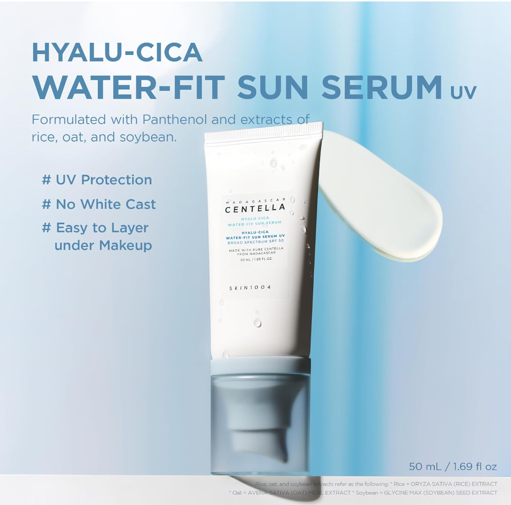 Skintouch Hyalu-Cica Water-Fit Sun Serum UV with product packaging on a light blue background, SKIN1004 Centella Hyalu-Cica Water-Fit Sun Serum UV SPF 50 50ml