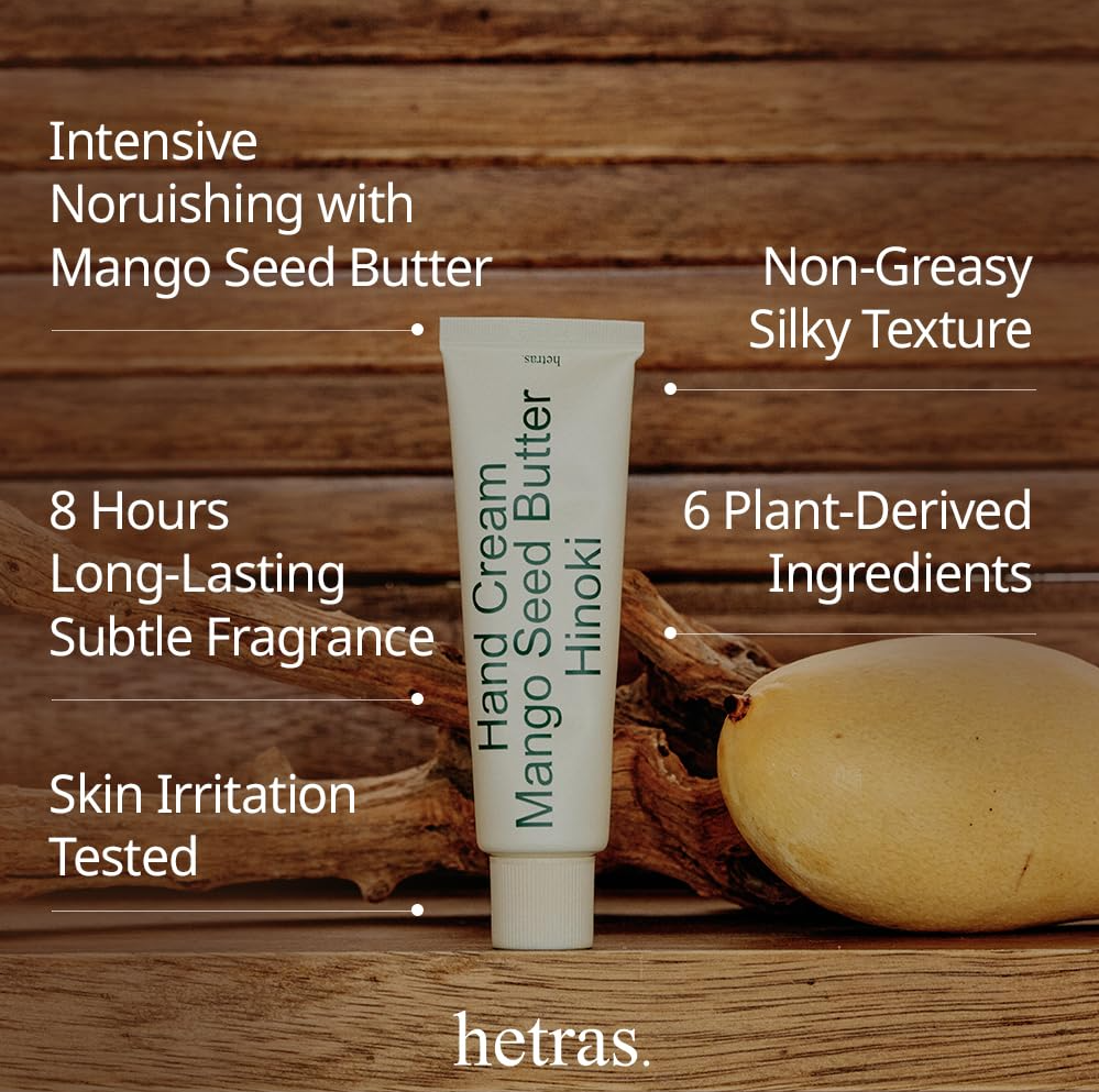 Hand cream tube labeled 'Mango Seed Butter Hinoki' with cream swatch on a white background, Hetras Hand Cream Mango Seed Butter Hinoki 50ml