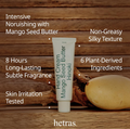 Hand cream tube with features listed on a wooden background, featuring the brand 'hetras', Hetras Hand Cream Mango Seed Butter Hinoki 50ml