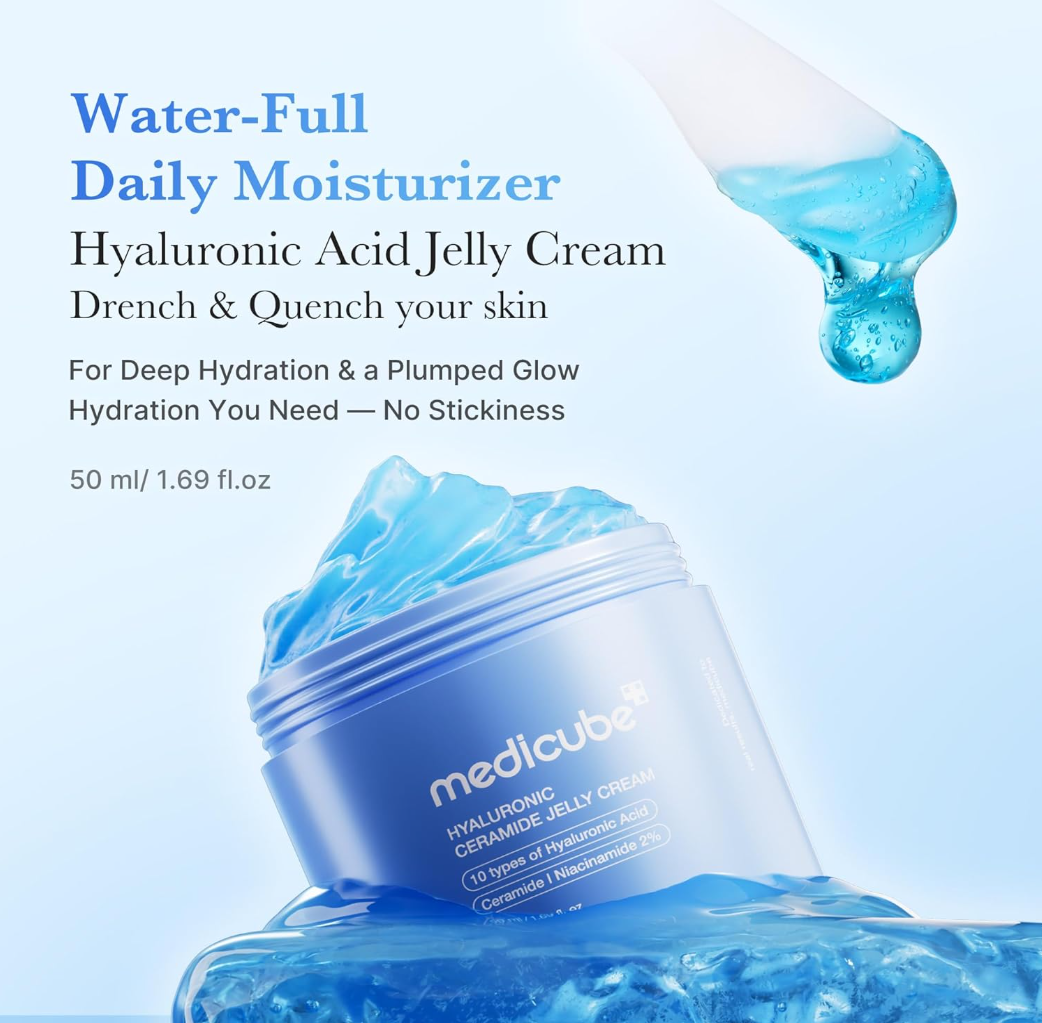 Blue jar of Medicube Hyaluronic Ceramide Jelly Cream with blue cream on top, Medicube Hyaluronic Ceramide Jelly Cream 50ml