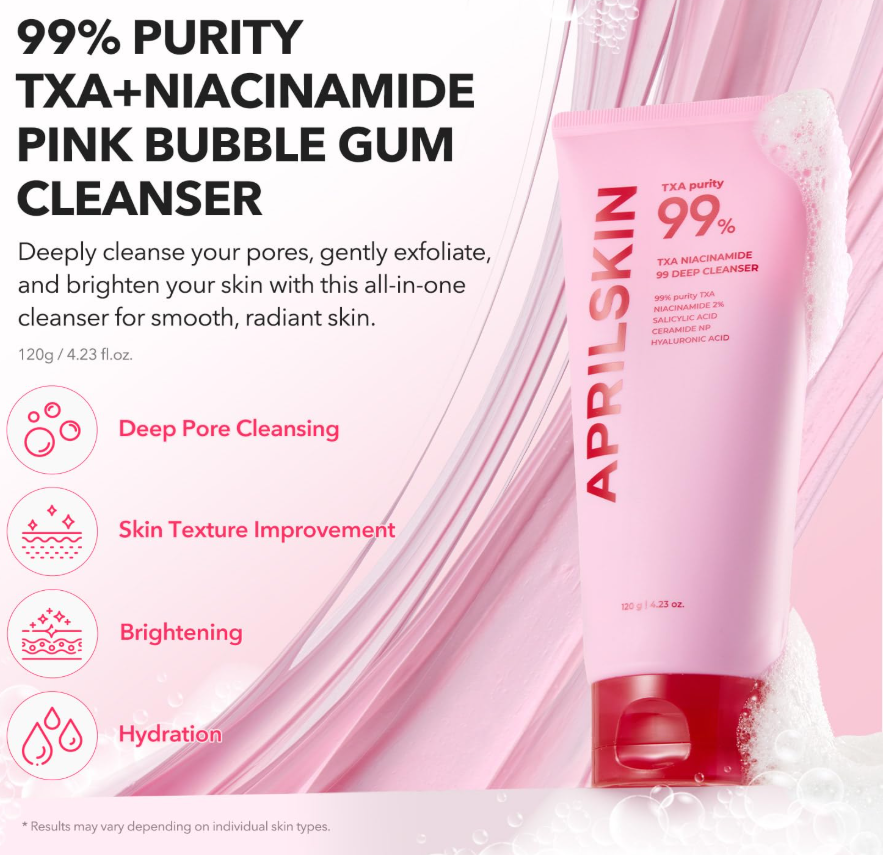 Pink bubble gum cleanser with APRILSKIN branding on a pink background, April Skin TXA Niacinamide 99 Deep Cleanser 120g