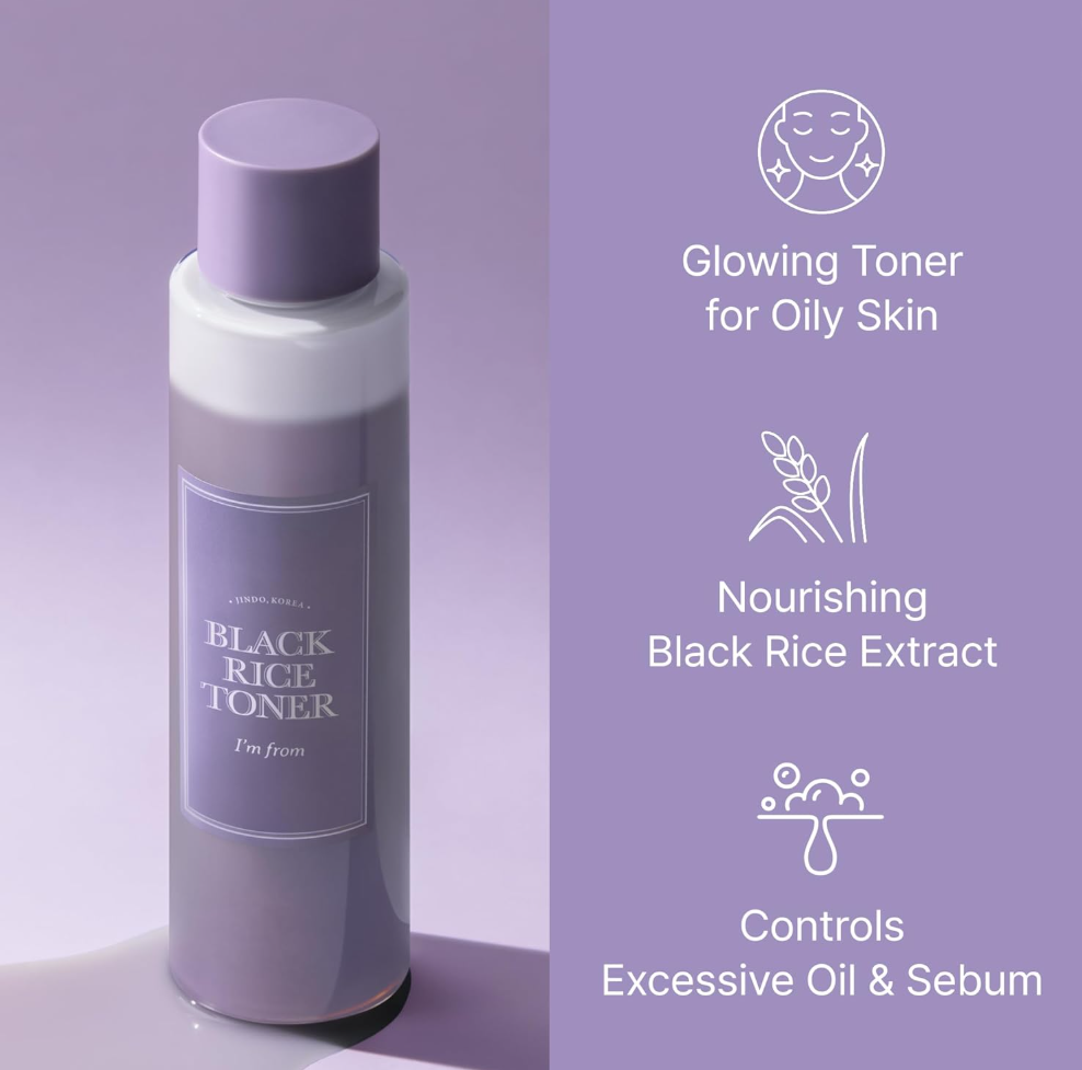 Black Rice toner bottle with features on a purple background, I'm From Black Rice Toner 150ml