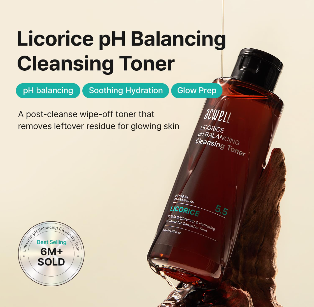 Licorice pH Balancing Cleansing Toner bottle with text on a beige background, Acwell Licorice pH Balancing Cleansing Toner 150ml