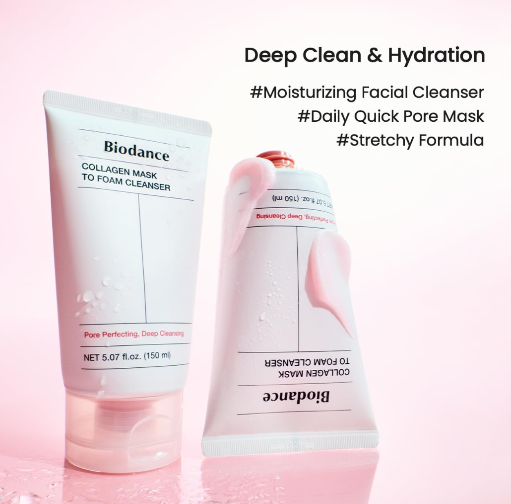 Two Biodance skincare products on a pink background with text about product features, Biodance Collagen Mask To Foam Cleanser 150ml