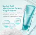 Medicube Azelaic Acid Niacinamide Gummy Whip Cleanser with product packaging and text on a light blue background, Medicube Azelacia Acid Niacinamide Deep Clean Foam Cleanser 120g