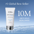 d'Alba UV Essence Waterfull sunscreen tube with blue gradient background and text about global sales, D'Alba UV ESSENCE Waterfull+ Broad Spectrum SPF 50+ 50ml