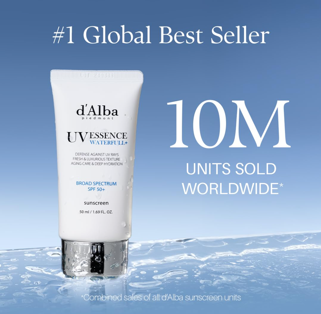 d'Alba UV Essence Waterfull sunscreen tube with blue gradient background and text about global sales, D'Alba UV ESSENCE Waterfull+ Broad Spectrum SPF 50+ 50ml