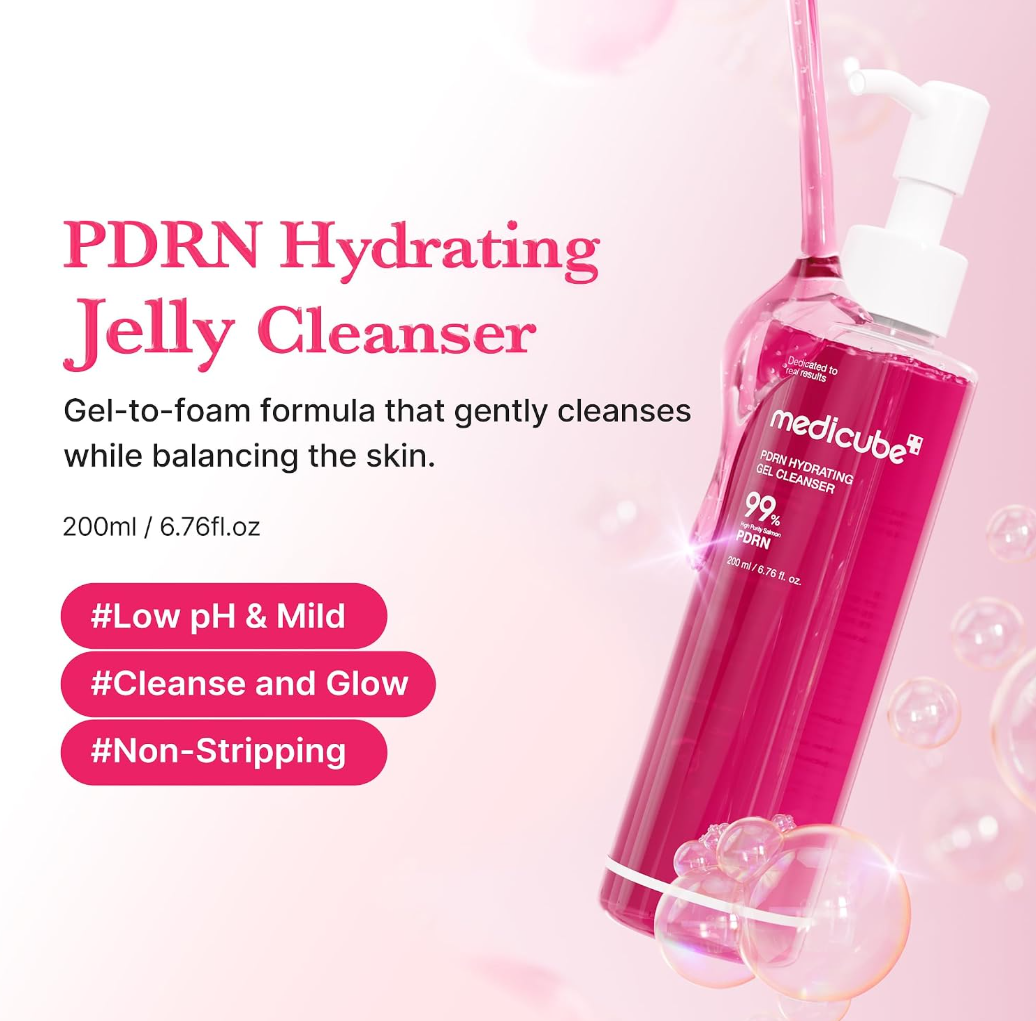 Medicube PDRN Hydrating Jelly Cleanser bottle on a pink background with product details, Medicube PDRN Hydrating Gel Cleanser 200ml
