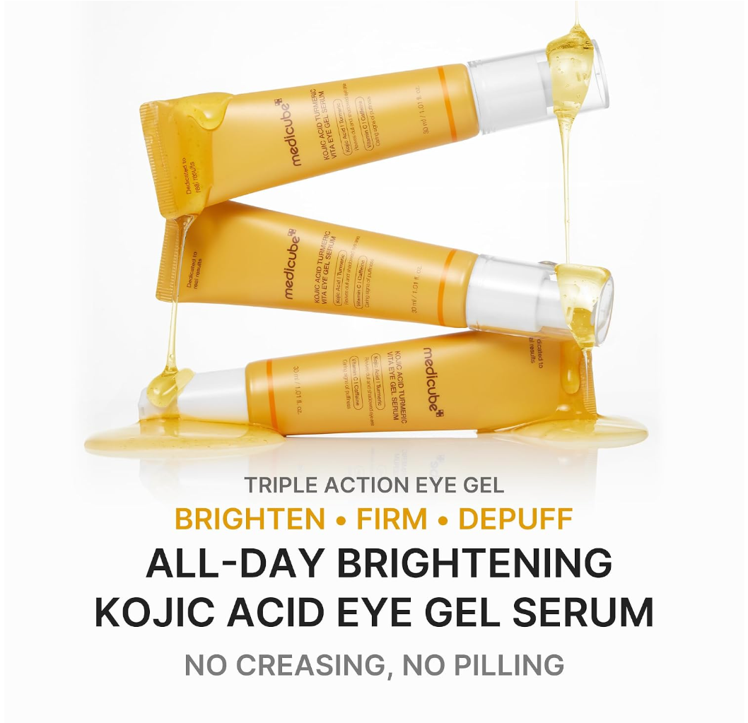 Three tubes of medoderm Triple Action Eye Gel arranged in a stacked, dripping pose with golden serum pooled below on a white background, with promotional text underneath, MEDICUBE Kojic Acid Turmeric Vita Eye Gel Serum 30ml