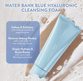 Laneige Water Bank Blue Hyaluronic Cleansing Foam with product details on a textured background, Langie Water Bank Blue Hyaluronic Cleansing Foam 150g