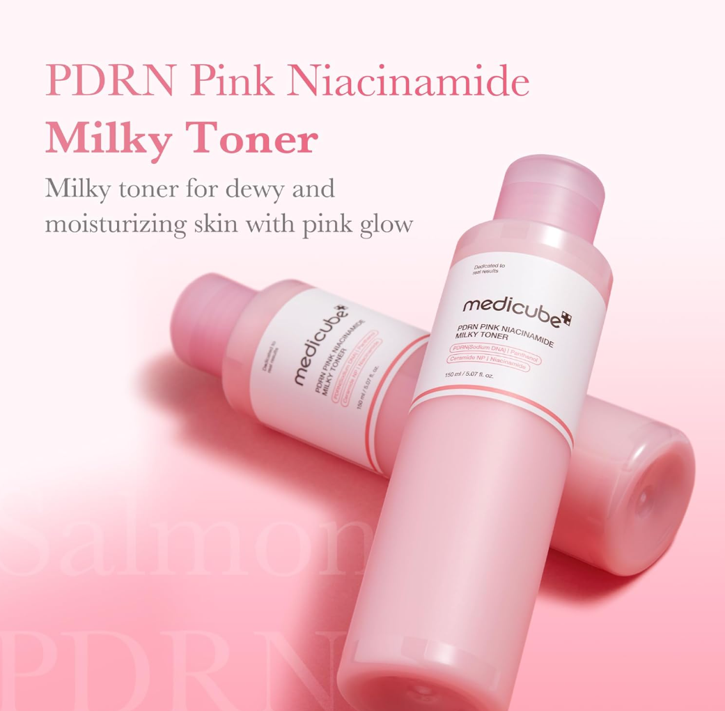 Pink bottle of Medicube toner with a white label on a white background, Medicube PDRN Pink Niacinamide Milky Toner 150ml