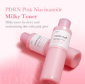 Pink Niacinamide Milky Toner bottle with text on a pink background, Medicube PDRN Pink Niacinamide Milky Toner 150ml