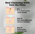Diagram showing steps of cleansing skin from pores with text on a gray background, Somebymi AHA.BHA.PHA 30 Days Miracle Acne Clear Foam 100ml