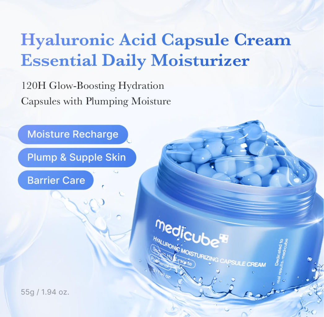 Hyaluronic Acid Capsule Cream packaging with blue and white design, Medicube Hyaluronic Moisturizing Capsule Cream 55g